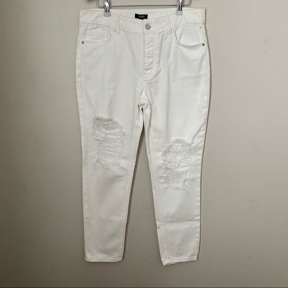 AFRM Jeans Distressed White Frayed Ripped Casual Neutral Classic High Rise Cute